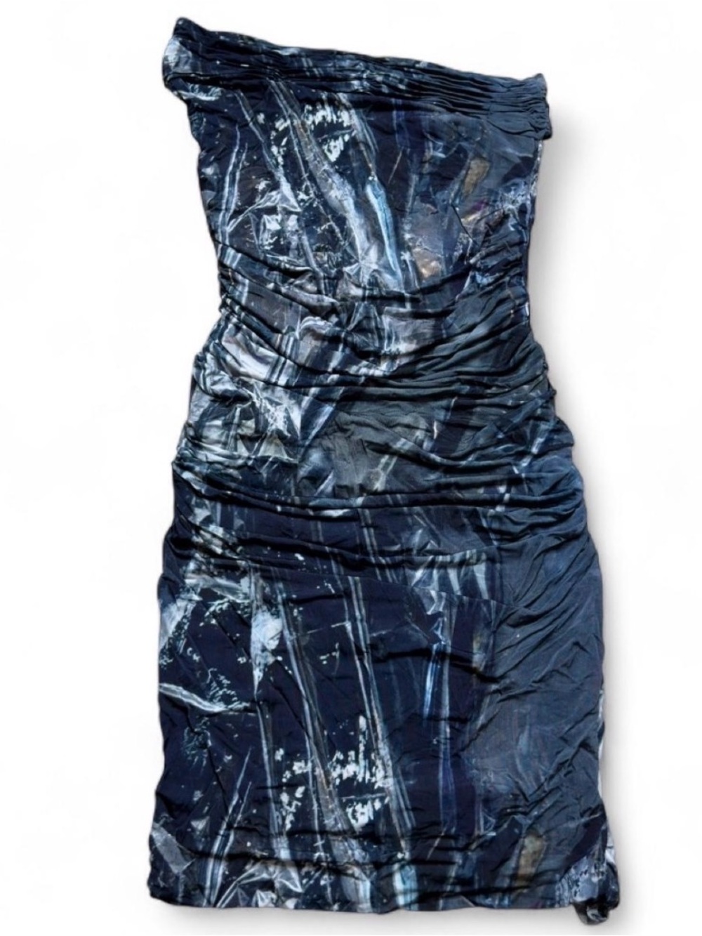 Helmut Lang Navy Marble-Print Strapless Ruched Mini Dress 2